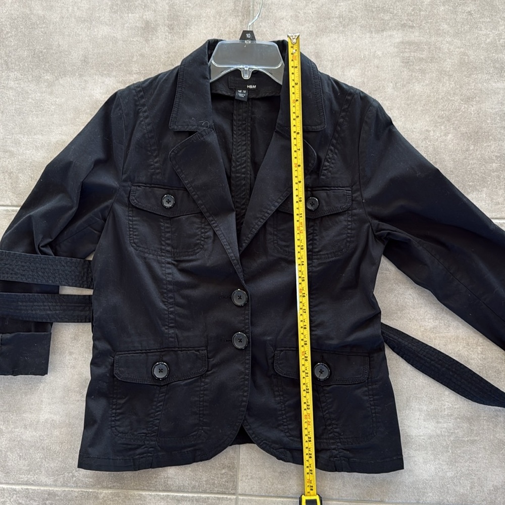 H&M Women's Rich Black Cotton-Blend Belted Waist Utility-Style Jacket - Size 14 - Picture 10 of 11